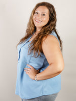 Curvy Sleeveless Ocean Blue Waffle Button Top