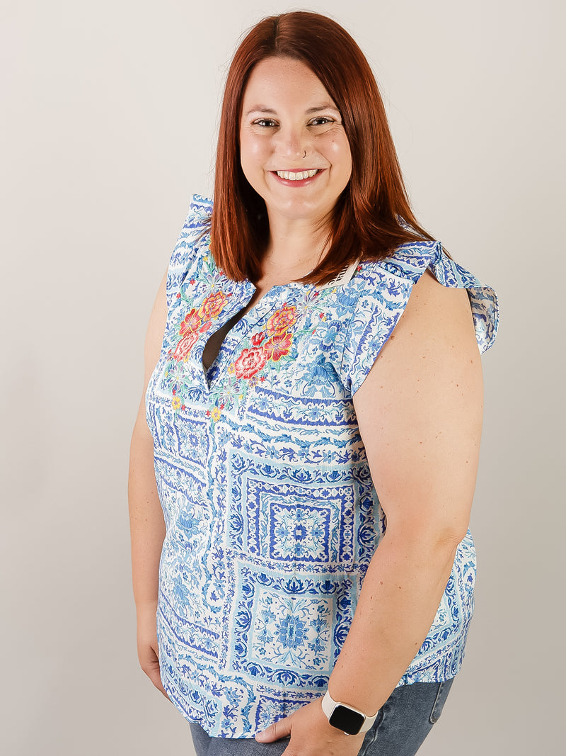 Royal Blue Print Top with Embroidery