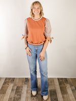 Rust Textured Print Top with Bow Sleeves