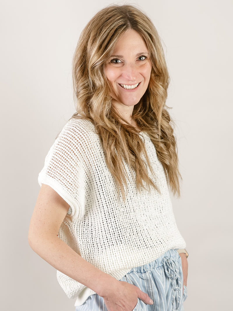 Cream Crochet Knit Short Sleeve Sweater