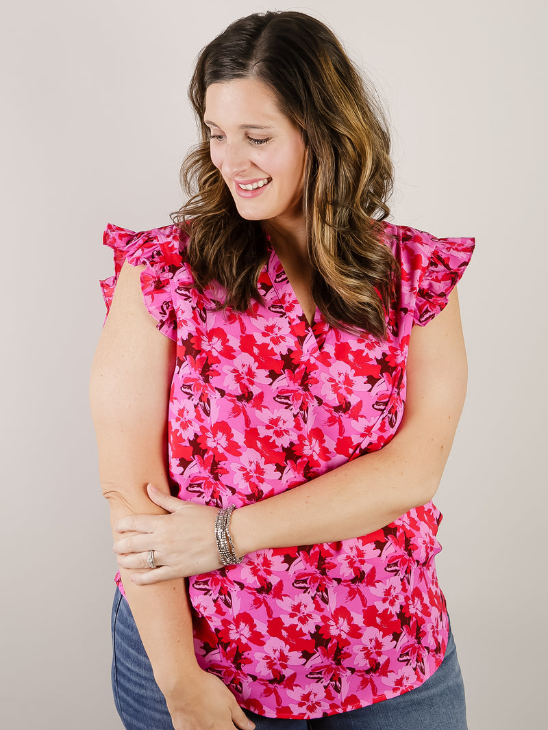 Fuchsia Floral Print Sleeveless Blouse