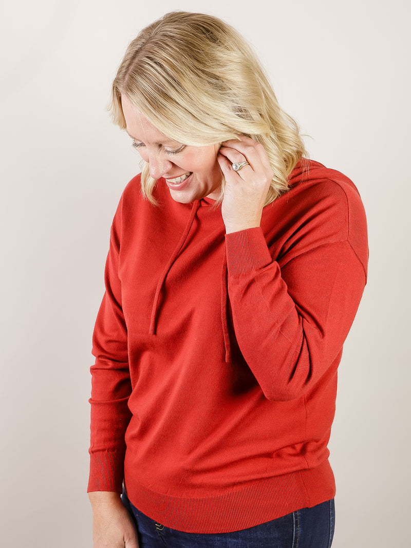 Dark Red Drawstring Hooded Sweater