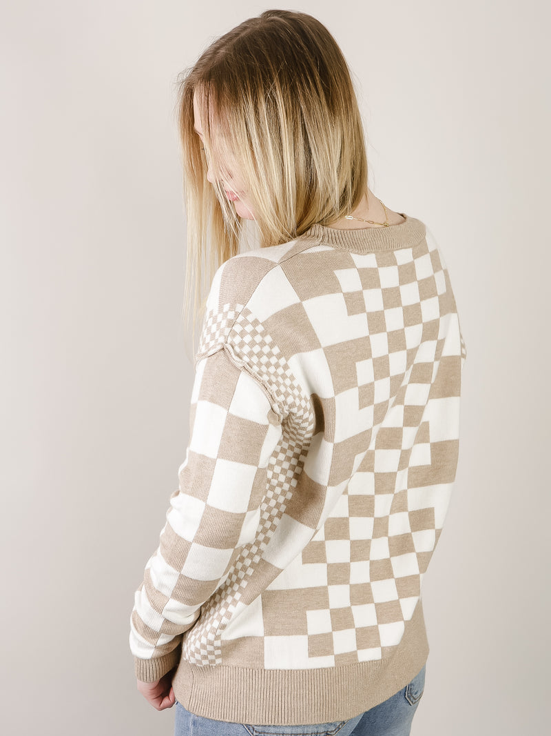 Tan and White Checkered Crewneck