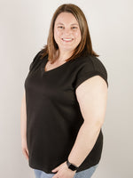Curvy Black Thermal V-neck Short Sleeve