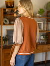 Rust Textured Print Top with Bow Sleeves