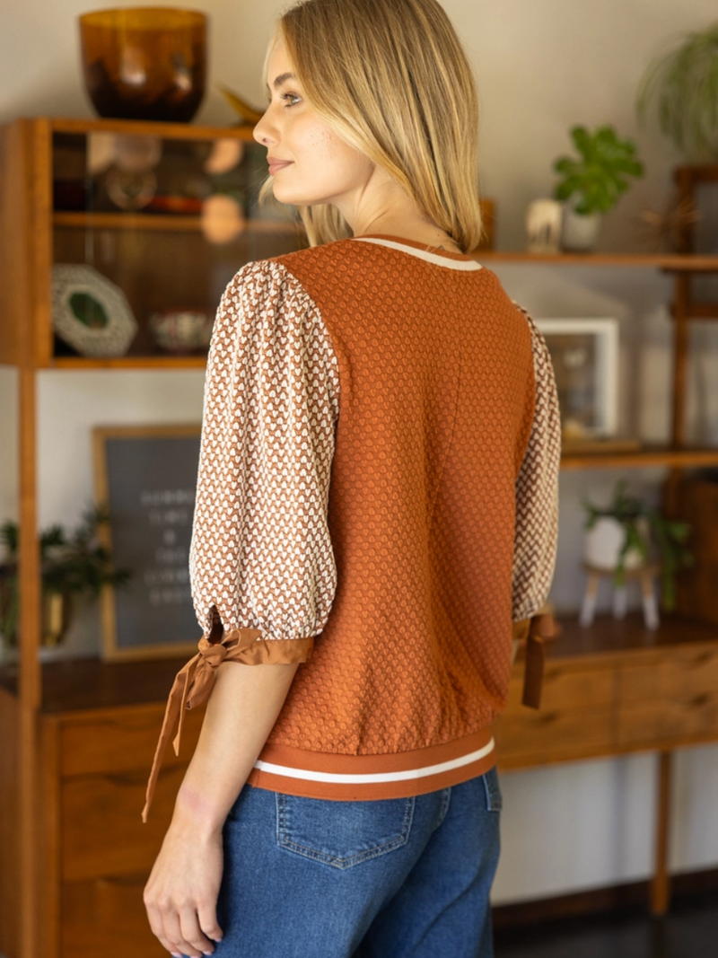 Rust Textured Print Top with Bow Sleeves