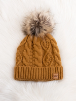 Camel Cable Knit Hat with Natural Pom