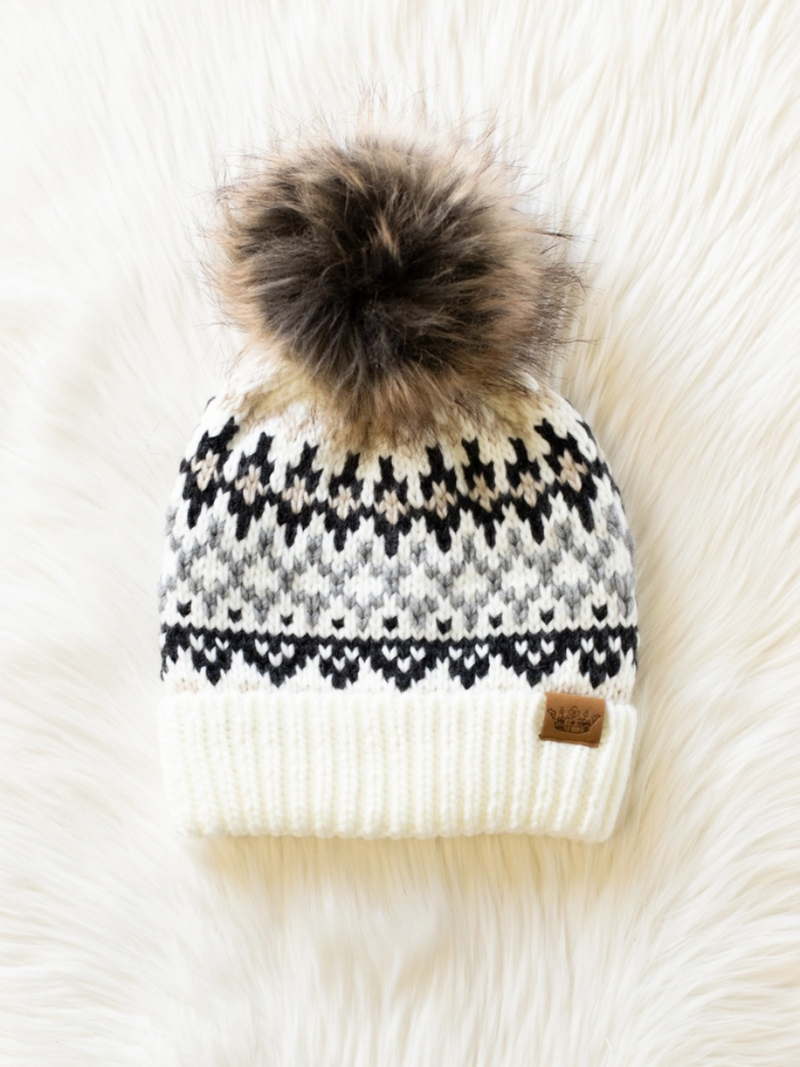 Ivory, Gray & Tan Winter Pattern Pom Hat