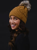 Camel Cable Knit Hat with Natural Pom