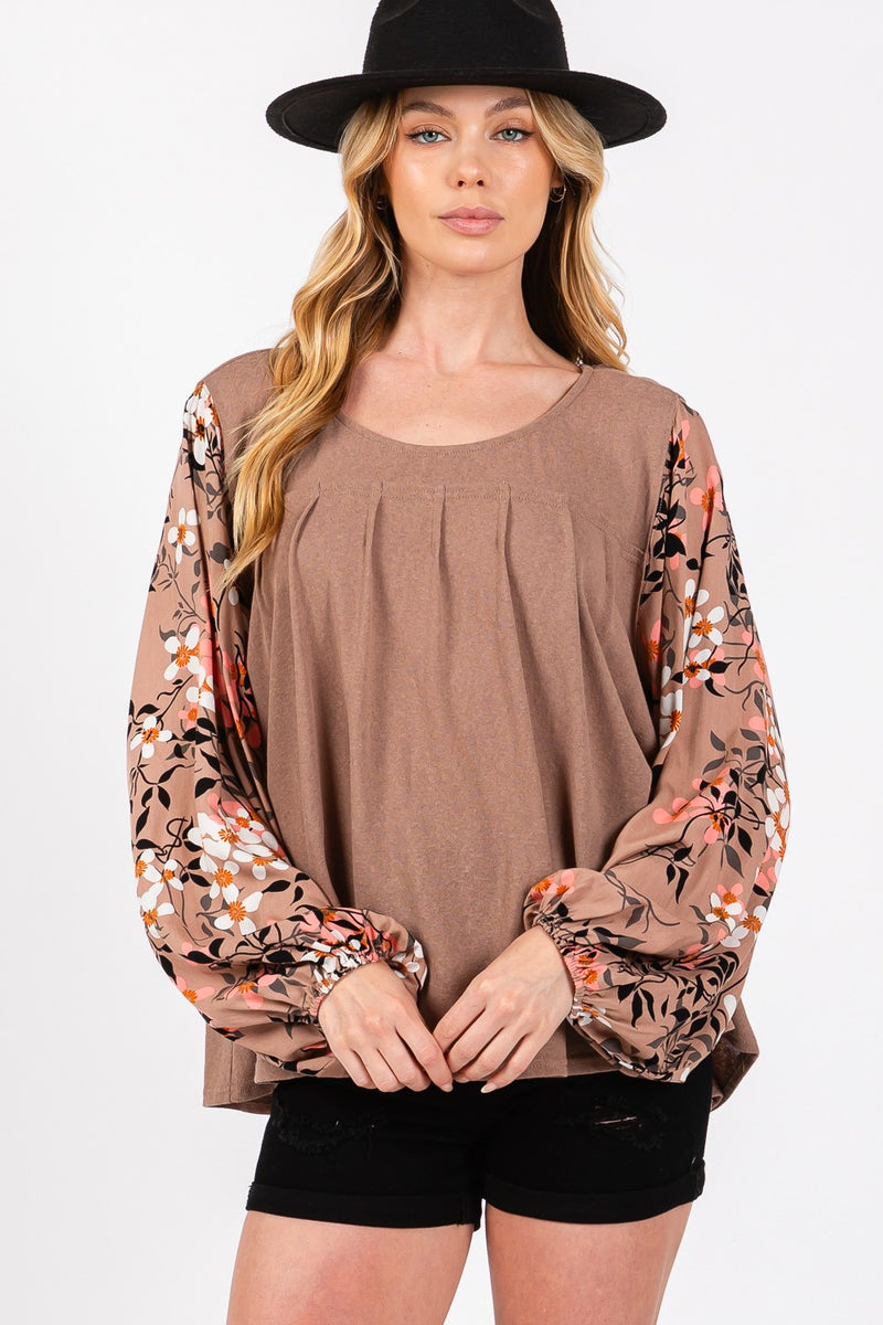 Brown Floral Long Sleeve Front Pleated Detail Blouse (Online Exclusive)