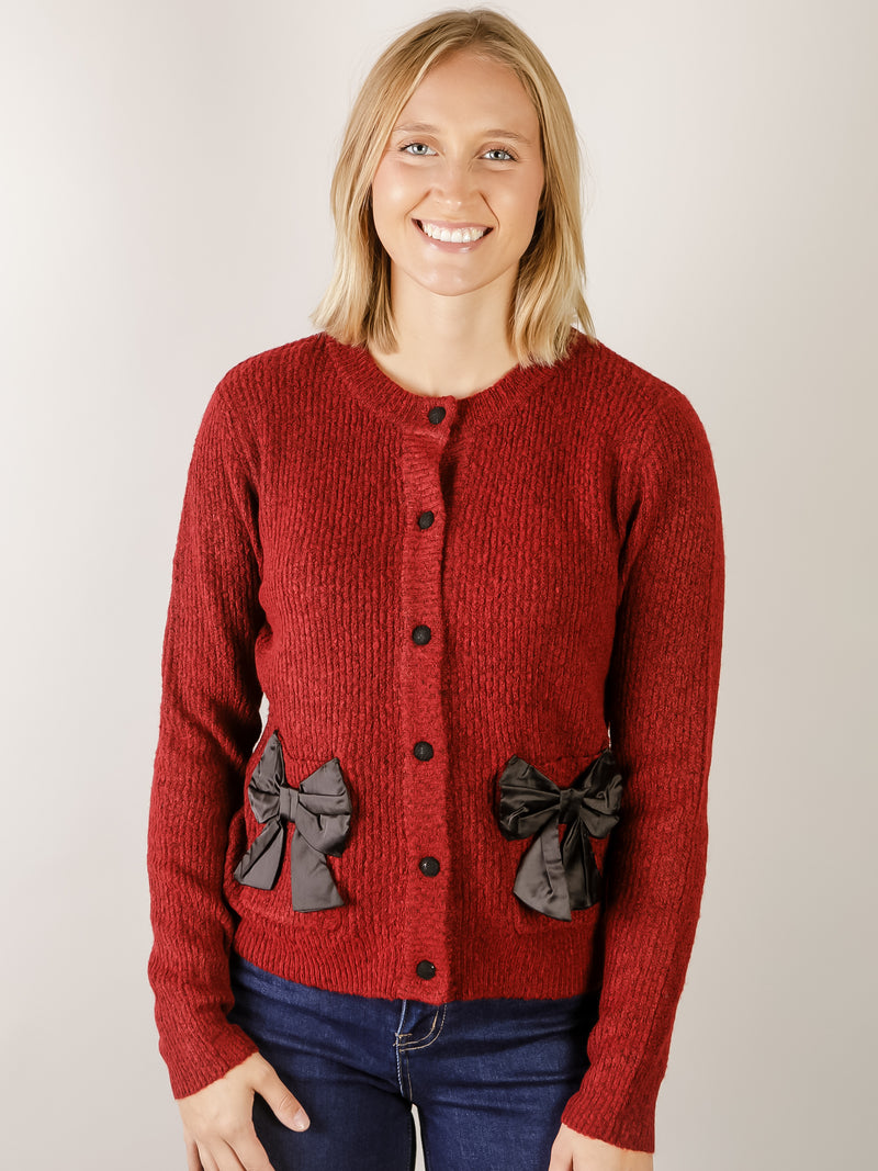 Burgundy Bow Pocket Cardigan Sweater