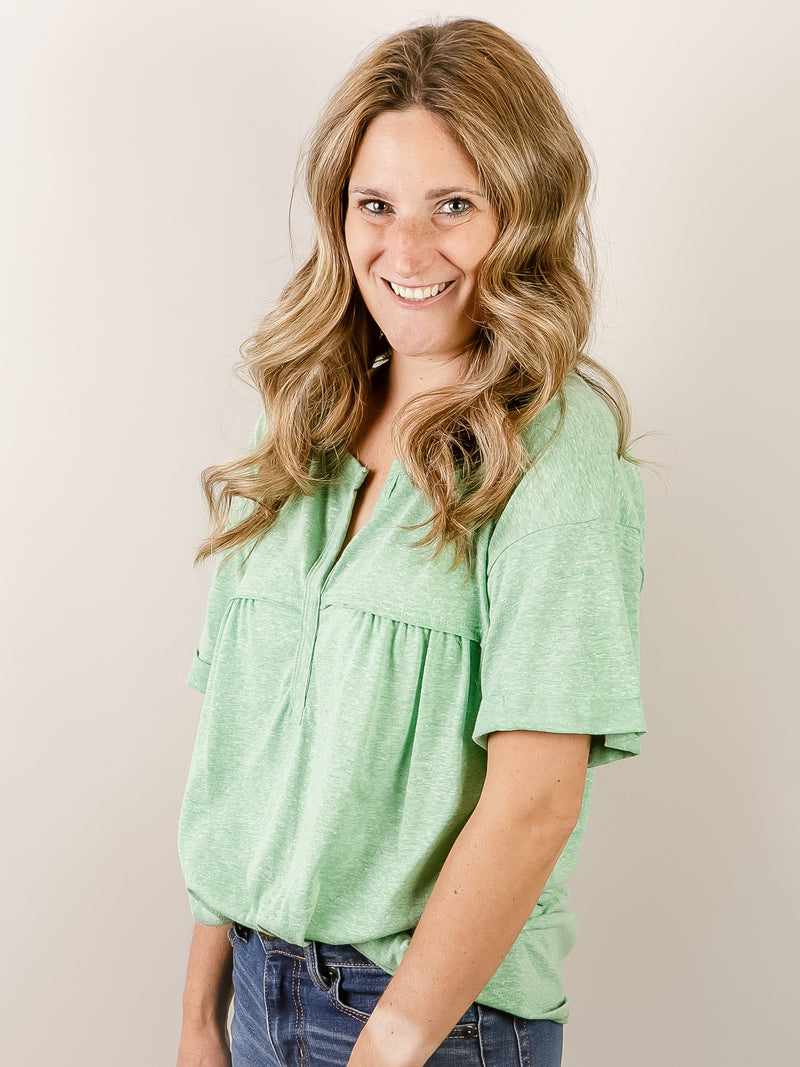 Green Short Knit Henley Top