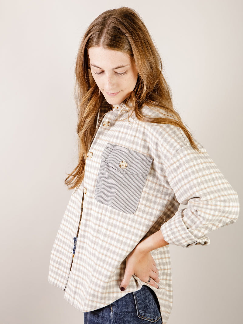 Grey Plaid Shacket with Corduroy Pockets