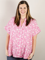 Curvy Magenta and White Floral V-neck Blouse