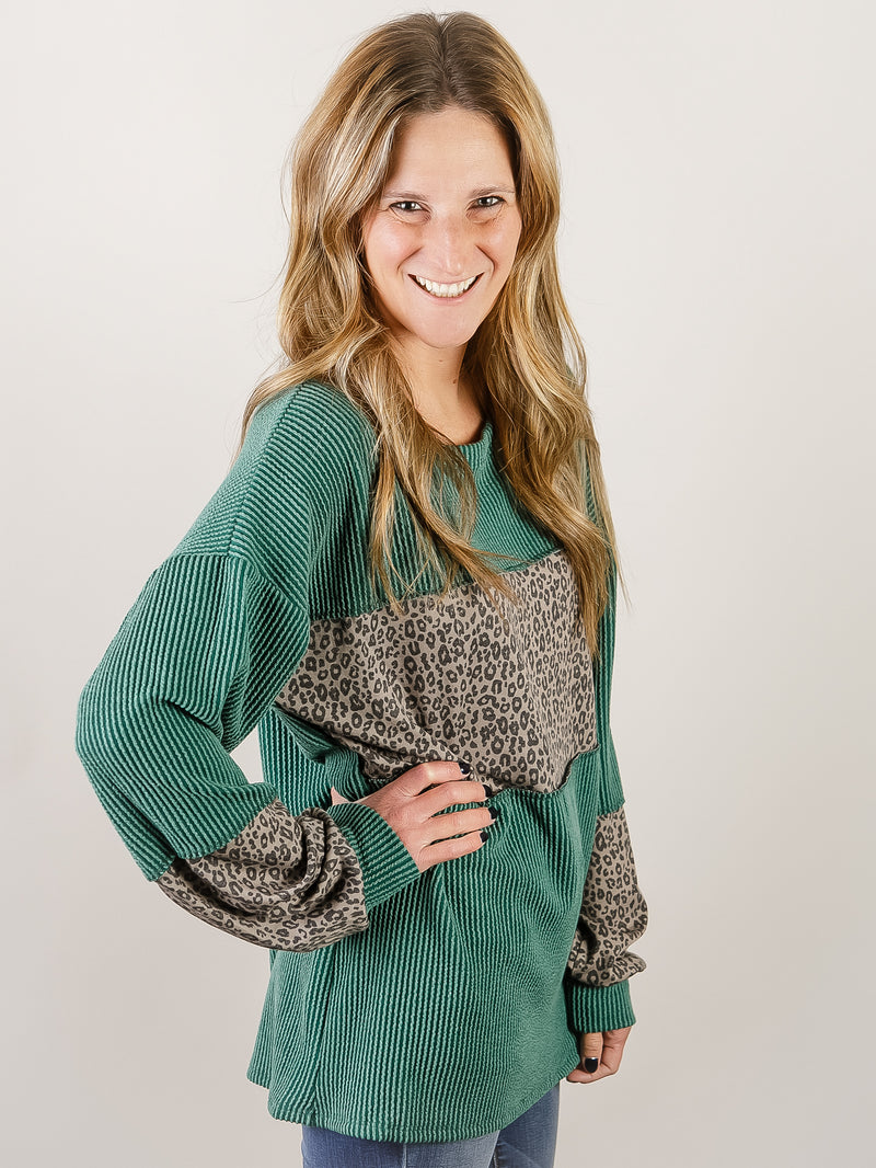 Hunter Green Ribbed Top with Animal Print