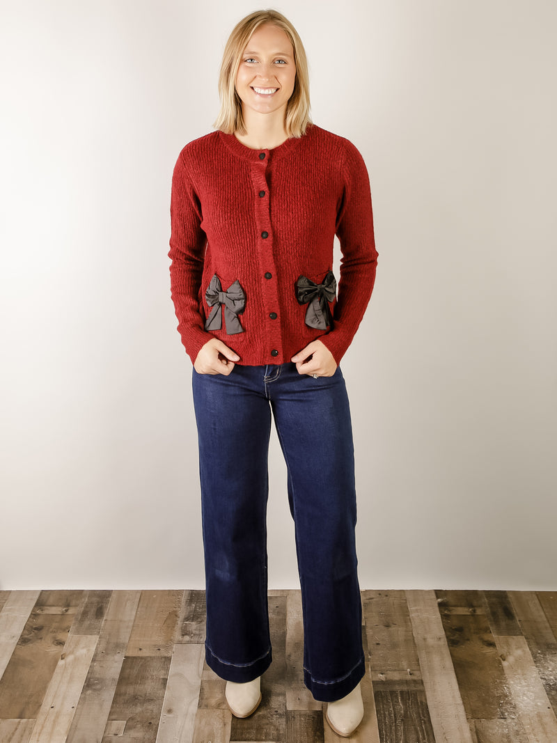 Burgundy Bow Pocket Cardigan Sweater
