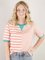 Coral Striped Tee with Teal Accent