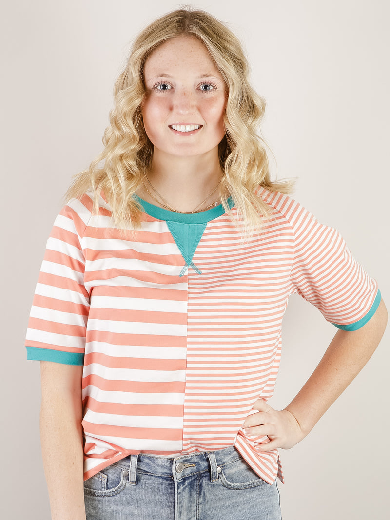Coral Striped Tee with Teal Accent