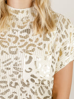 Ivory Short Sleeve Sweater with Gold Leopard