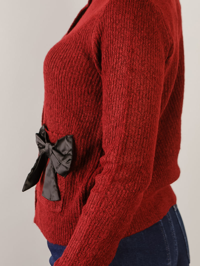 Burgundy Bow Pocket Cardigan Sweater
