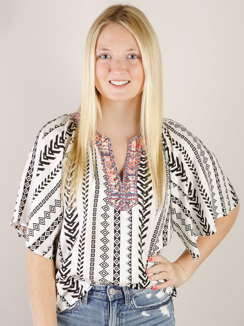 Ivory and Black Geo Printed Top