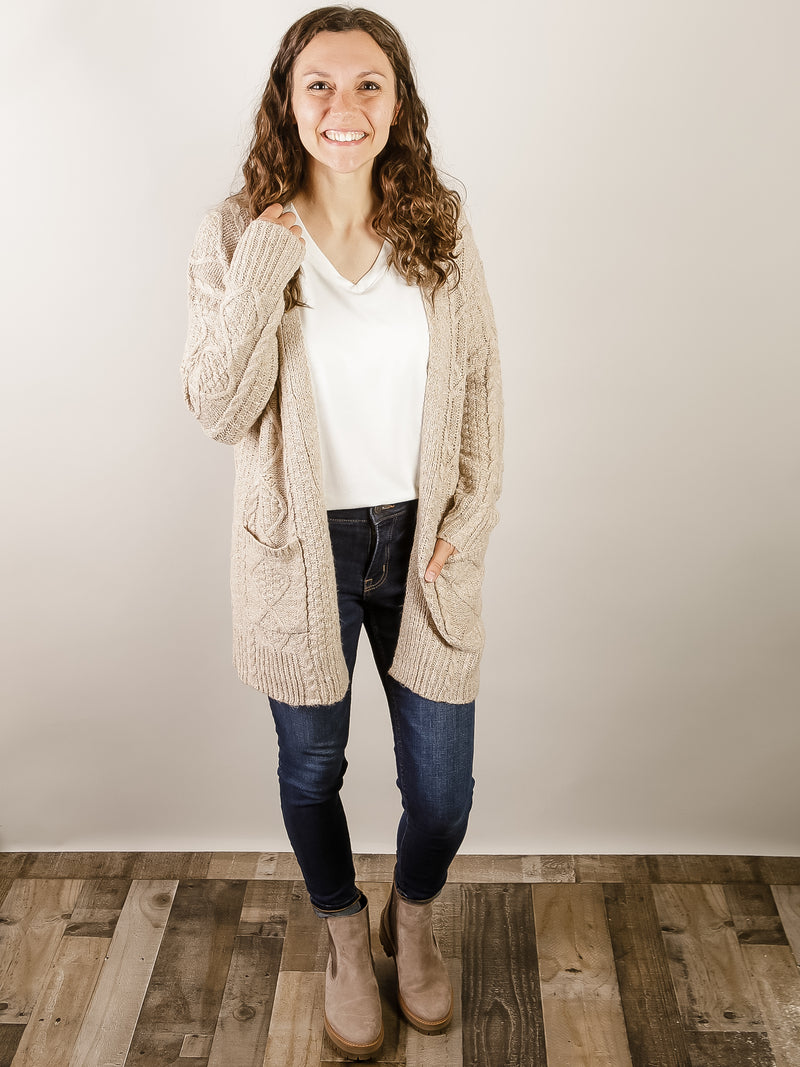 Beige Open Front Cable Cardigan