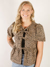 Leopard Print Peplum Top with Bows