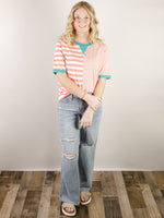 Coral Striped Tee with Teal Accent