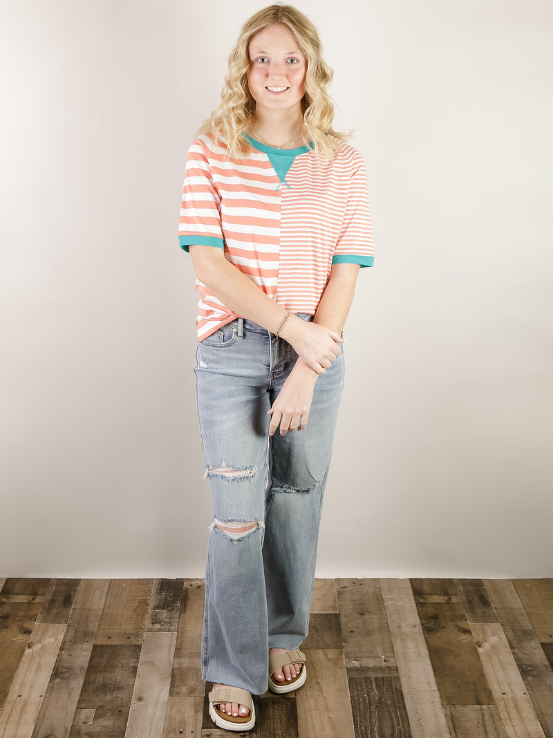 Coral Striped Tee with Teal Accent
