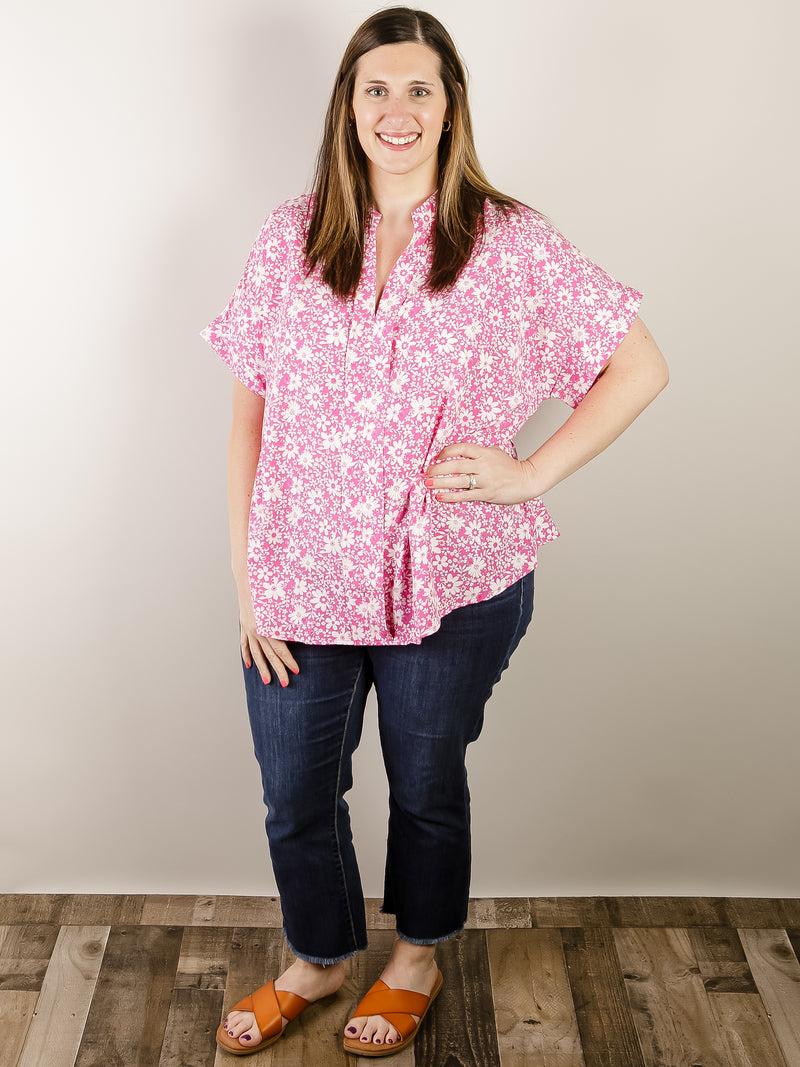 Curvy Magenta and White Floral V-neck Blouse