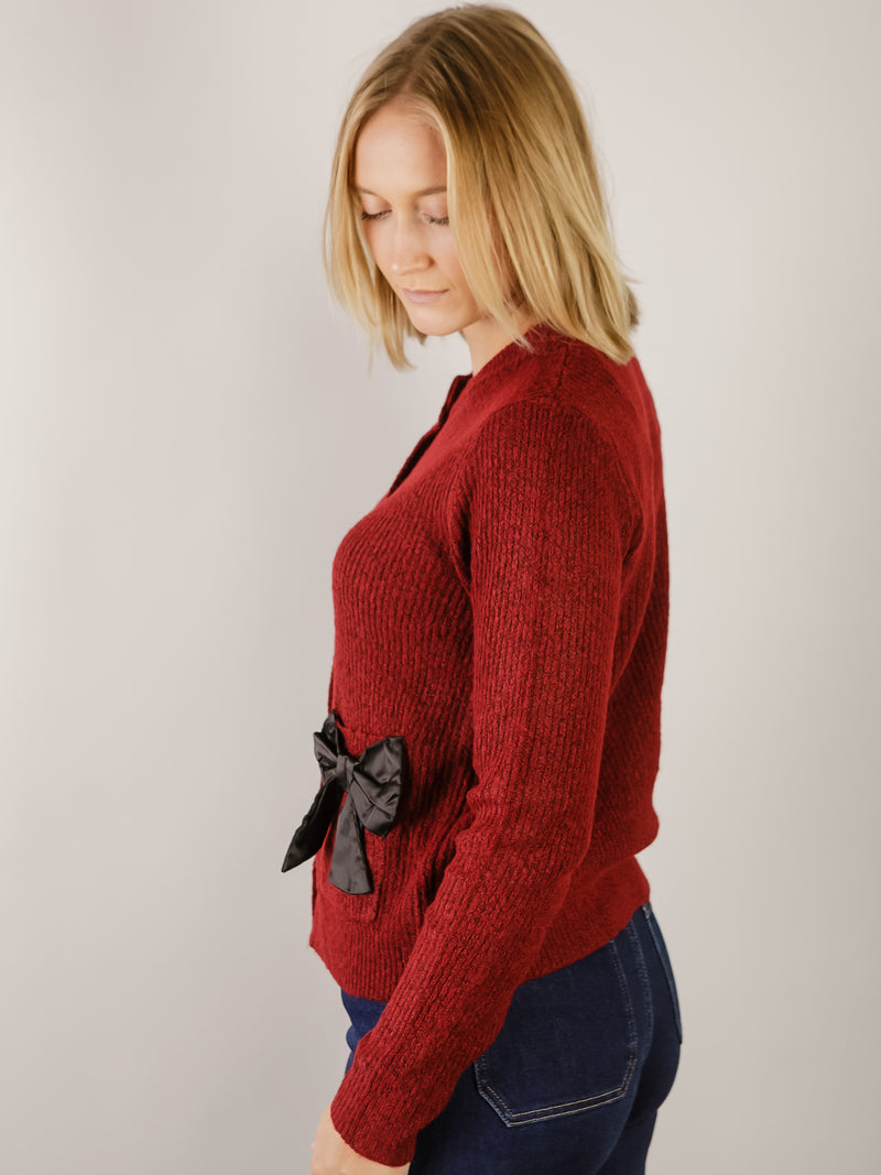 Burgundy Bow Pocket Cardigan Sweater