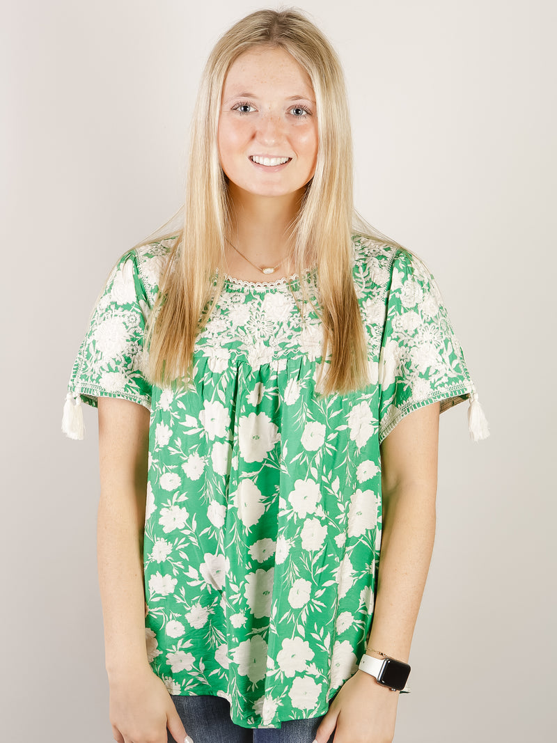 Kelly Green Floral Top with Embroidery