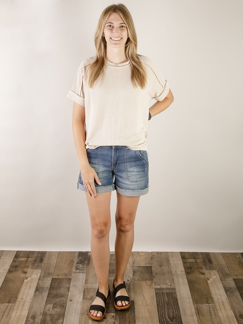 Sand Beige Ribbed Corded Top