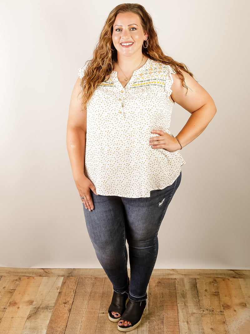Curvy Mustard Ditsy Floral with Embroidered Top