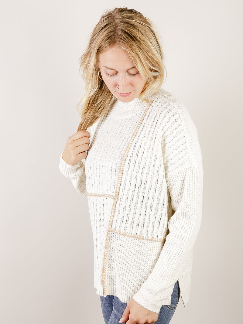 Ivory with Camel Contrast Stitch Sweater