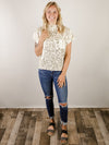 Ivory Short Sleeve Sweater with Gold Leopard