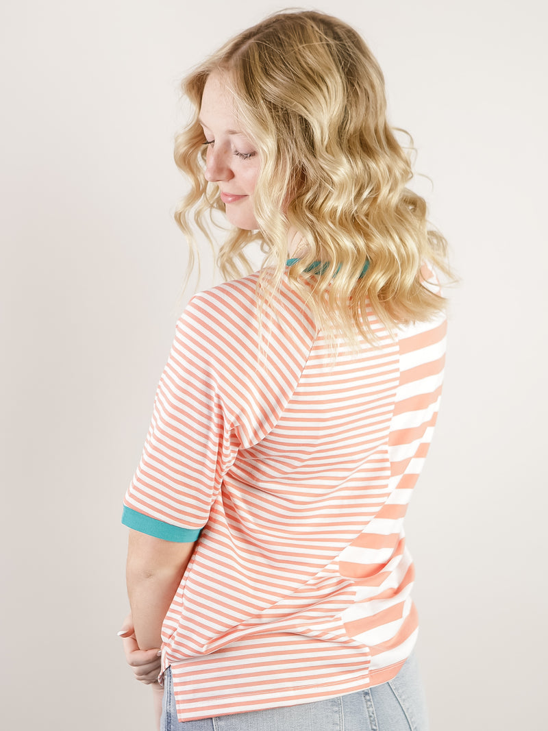 Coral Striped Tee with Teal Accent