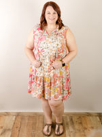 Curvy Pink and Mustard Floral Print Sleeveless Dress