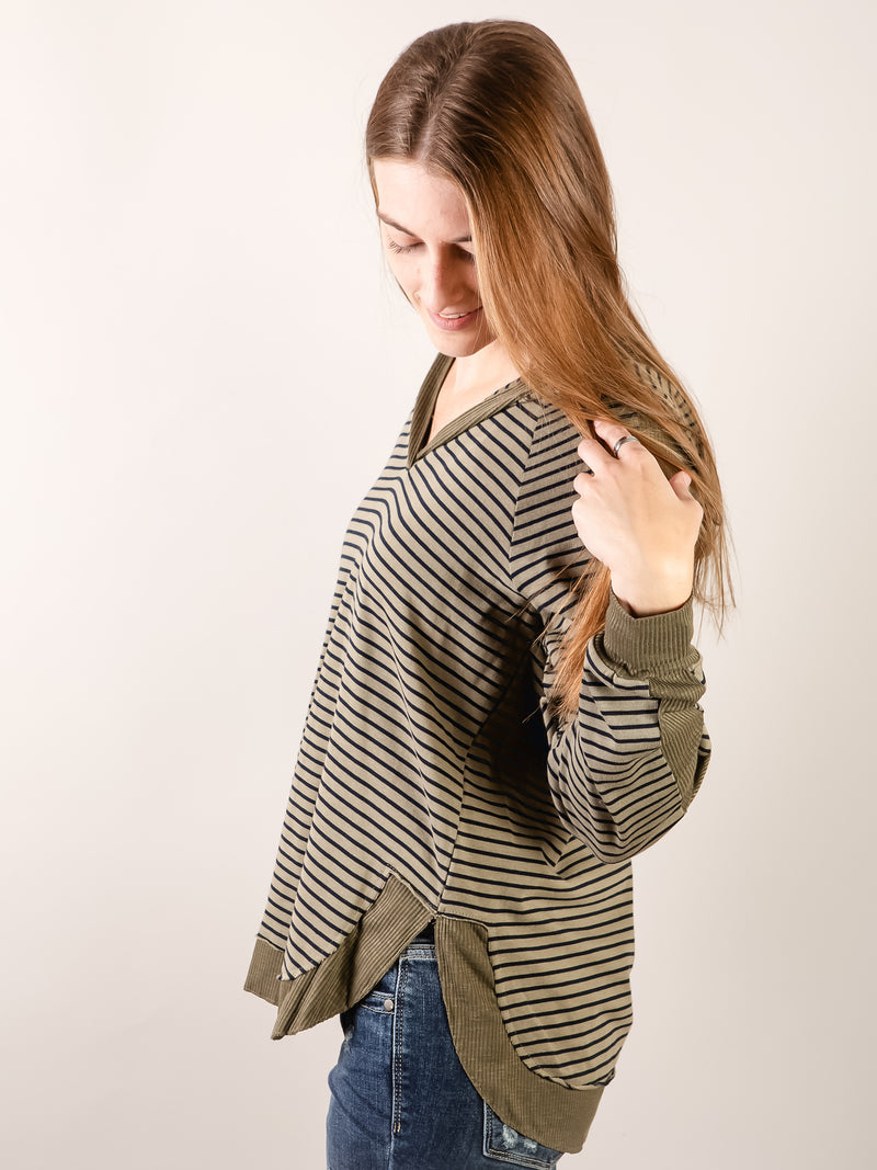 Olive Green Striped Hooded Top