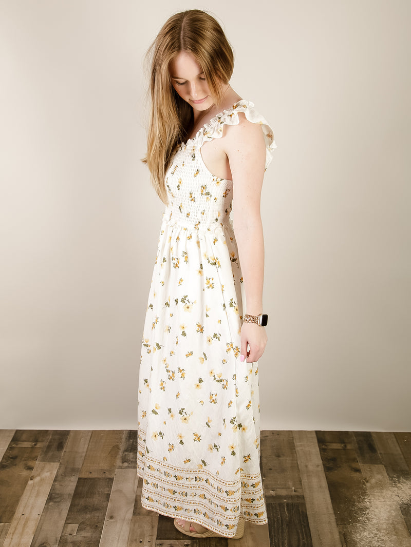 white and yellow midi dress White with Yellow Floral Print Midi Dress