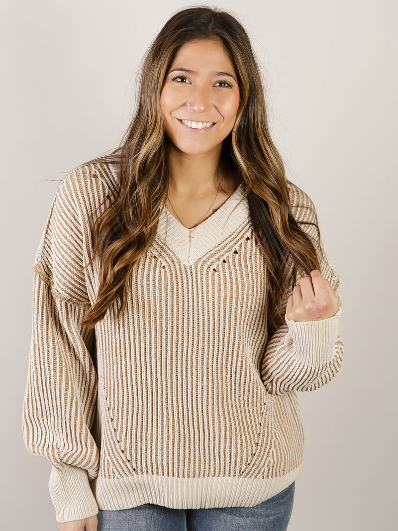 Cream Two-Toned V-Neck Sweater