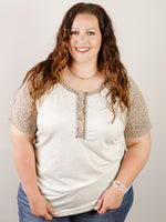 Curvy Oatmeal Knit Top with Animal Print Sleeve