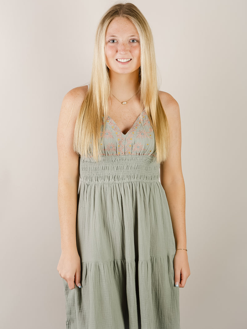 Sage Green Embroidered Tiered Dress