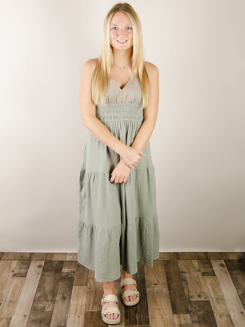 Sage Green Embroidered Tiered Dress