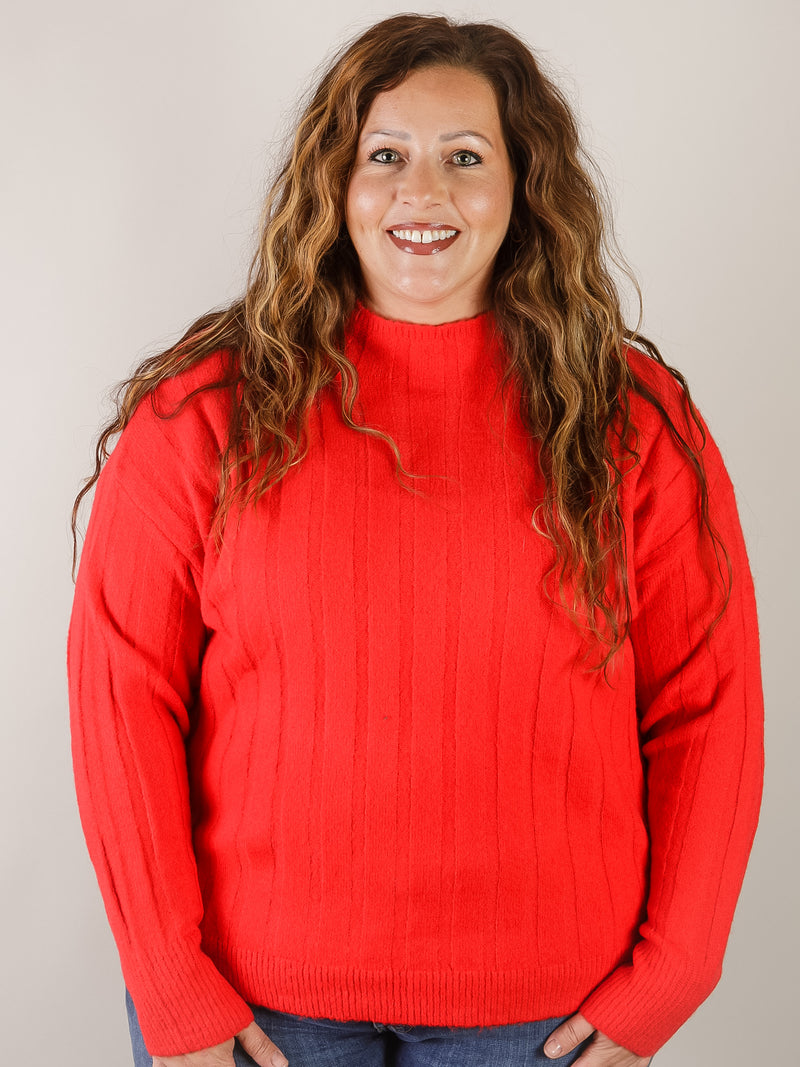 Red Wide Ribbed Mock Neck Sweater