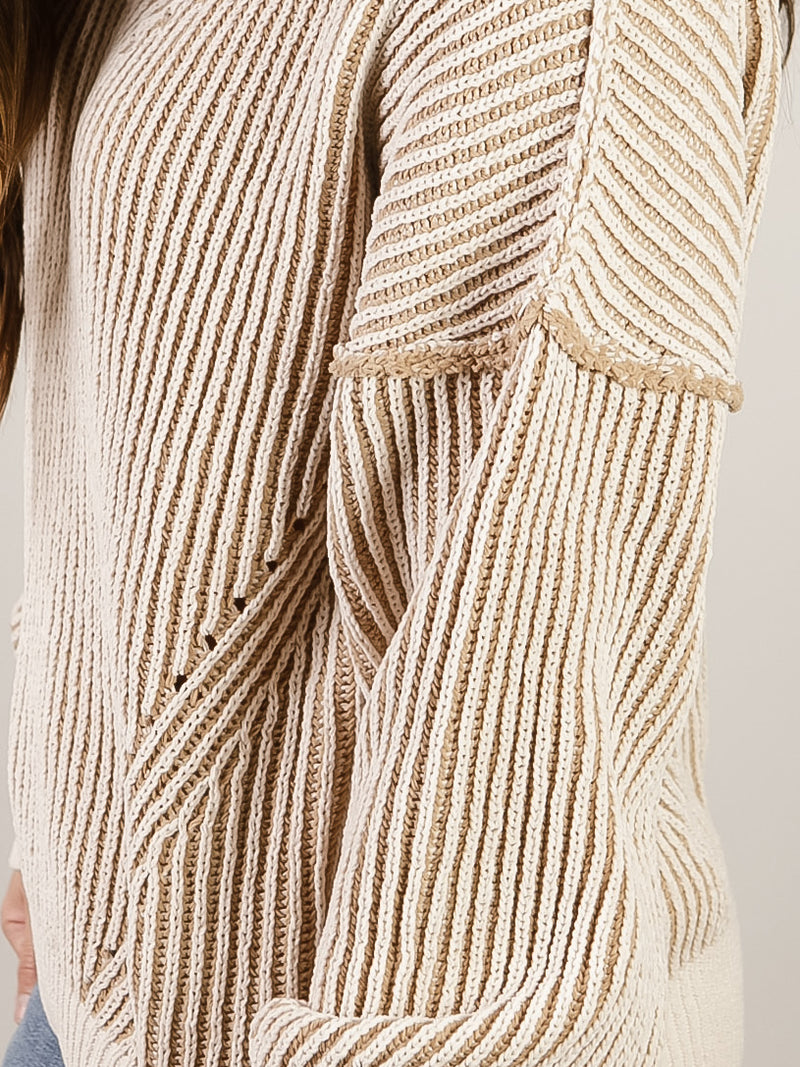 Cream Two-Toned V-Neck Sweater