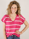 Short Sleeve Striped Magenta Sweater