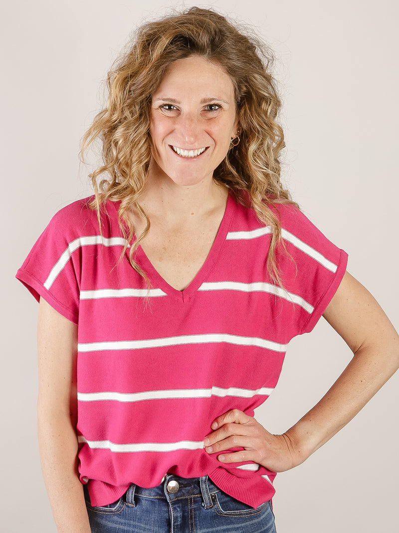 Short Sleeve Striped Magenta Sweater
