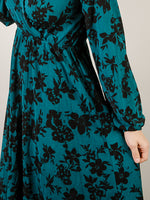 Teal with Black Floral Print Maxi Dress