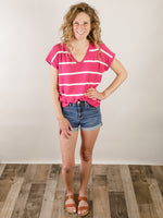 Short Sleeve Striped Magenta Sweater